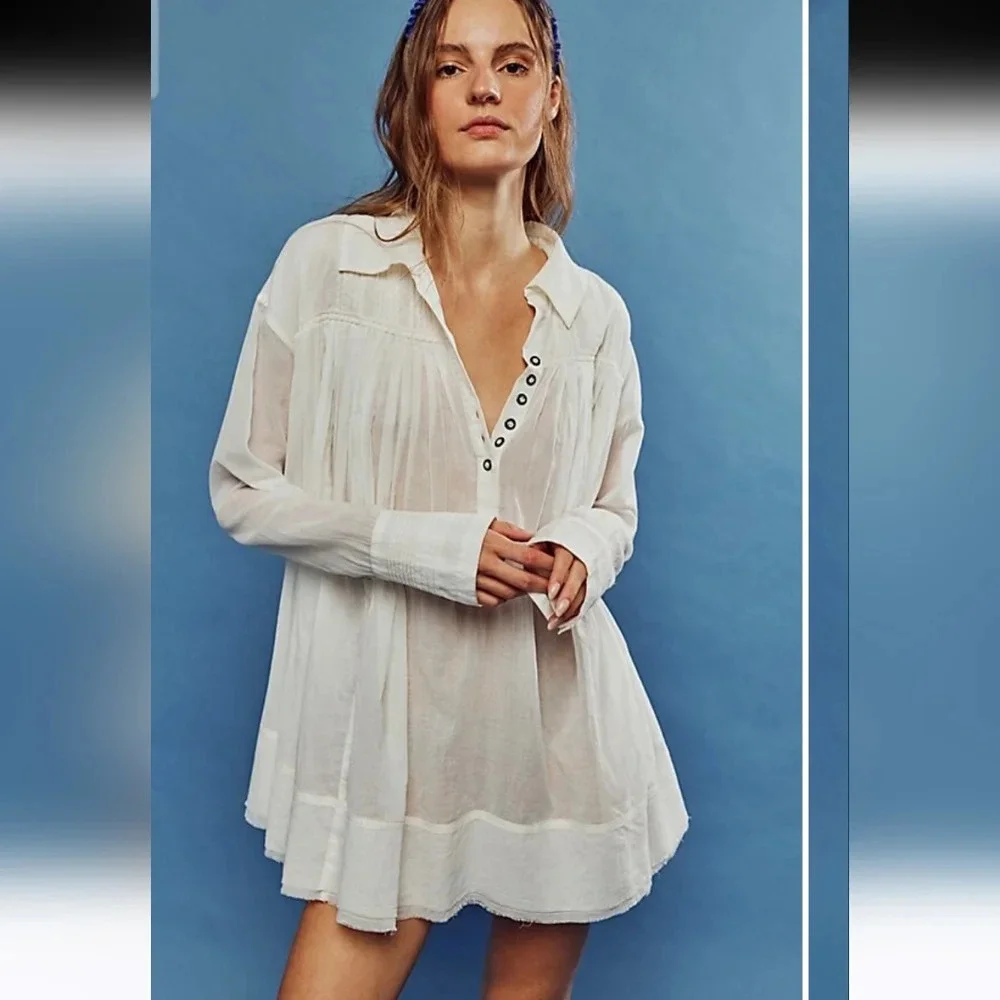Free People We The Free Sheer Swing Tunic Top Optic White. XS Boho Babydoll NWT